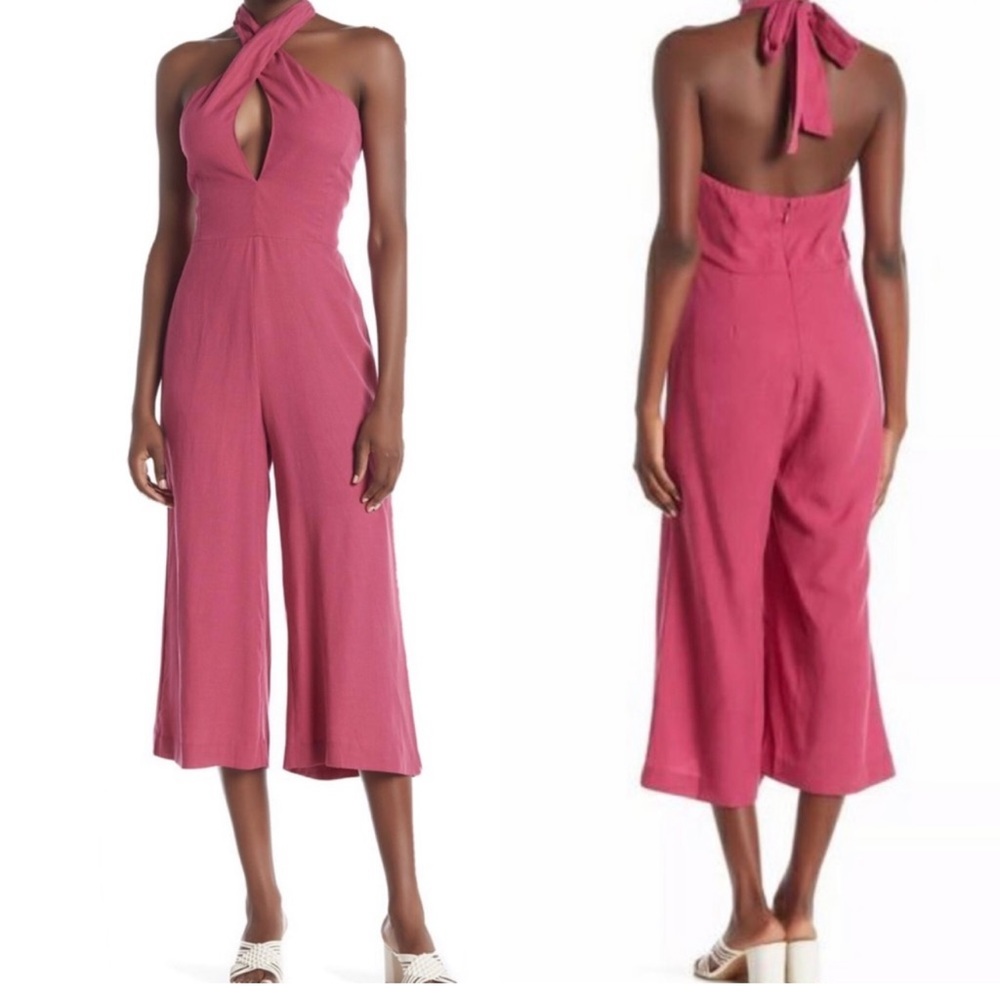 Line & Dot Fuschia Crossover Tie Neck Wide Leg Cropped Anna Jumpsuit